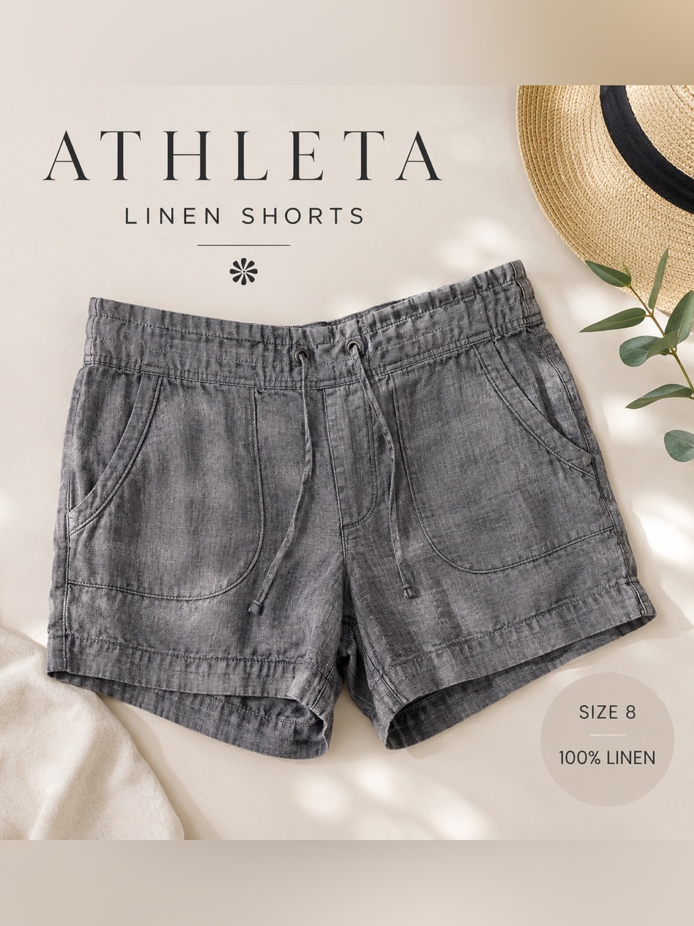 Athleta 100% Linen Drawstring Shorts – Women’s Size 8 Gray